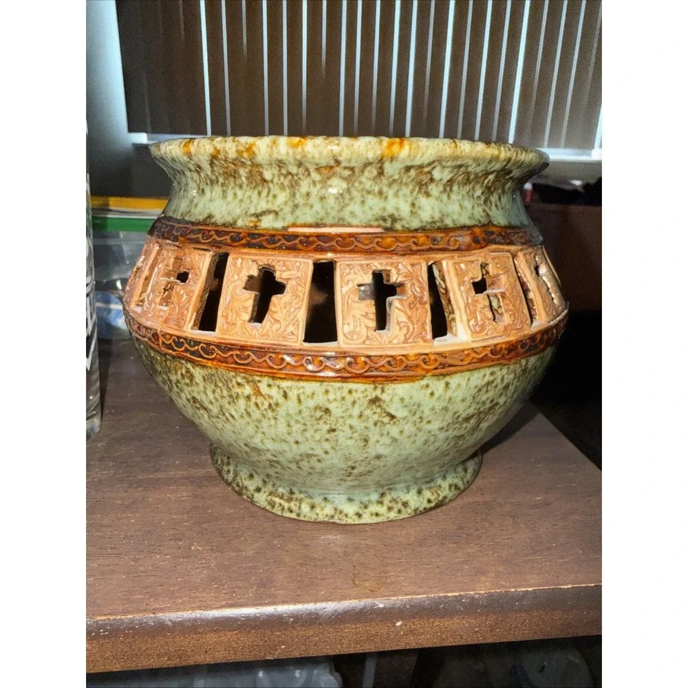 VTG Art Pottery Green Brown Glaze Signed Marked Numbered Planter Bowl Vase